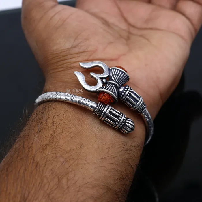 TRIBAL ORNAMENTS Bracelets 925 Sterling silver handmade trendy style Lord Shiva trident trishul kada bangle bracelet with natural Rudraksha customized kada nsk720