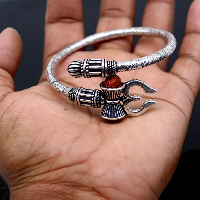 TRIBAL ORNAMENTS Bracelets 925 Sterling silver handmade trendy style Lord Shiva trident trishul kada bangle bracelet with natural Rudraksha customized kada nsk720