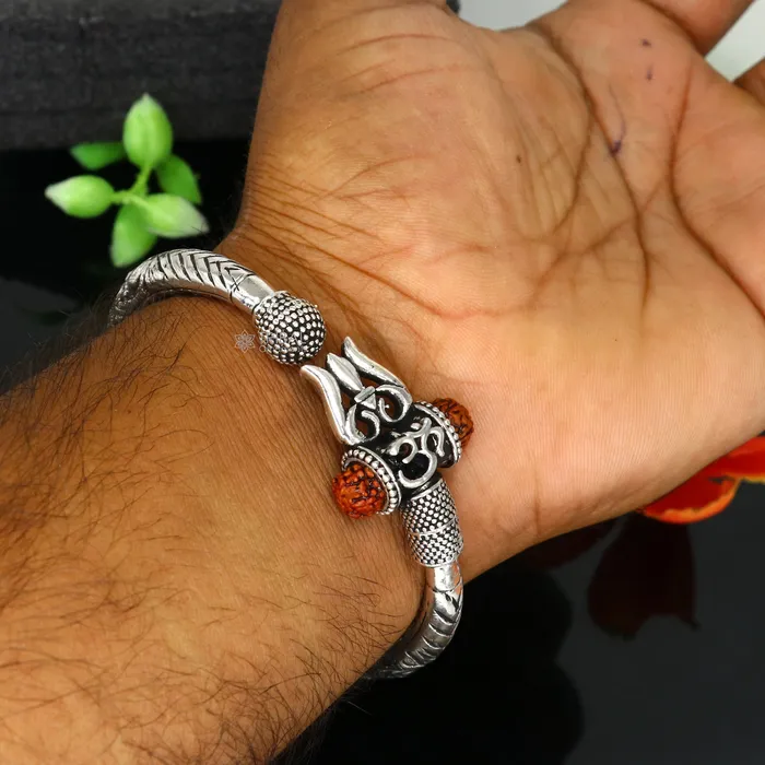 TRIBAL ORNAMENTS Bracelets 925 Sterling silver handmade Vintage style chitai work Lord Shiva trident trishul kada bangle bracelet with Rudraksha customized kada nsk761