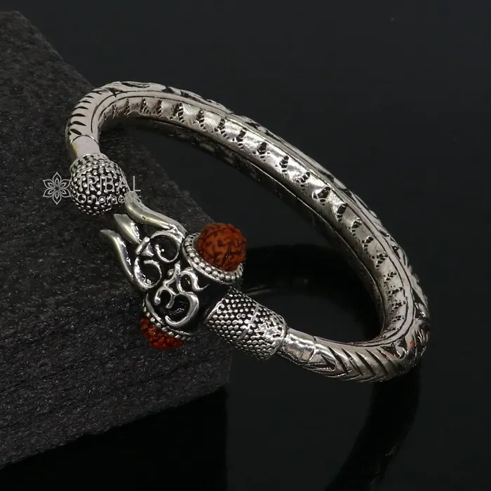 TRIBAL ORNAMENTS Bracelets 925 Sterling silver handmade Vintage style chitai work Lord Shiva trident trishul kada bangle bracelet with Rudraksha customized kada nsk761