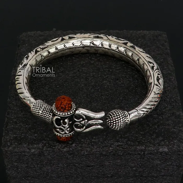 TRIBAL ORNAMENTS Bracelets 925 Sterling silver handmade Vintage style chitai work Lord Shiva trident trishul kada bangle bracelet with Rudraksha customized kada nsk761