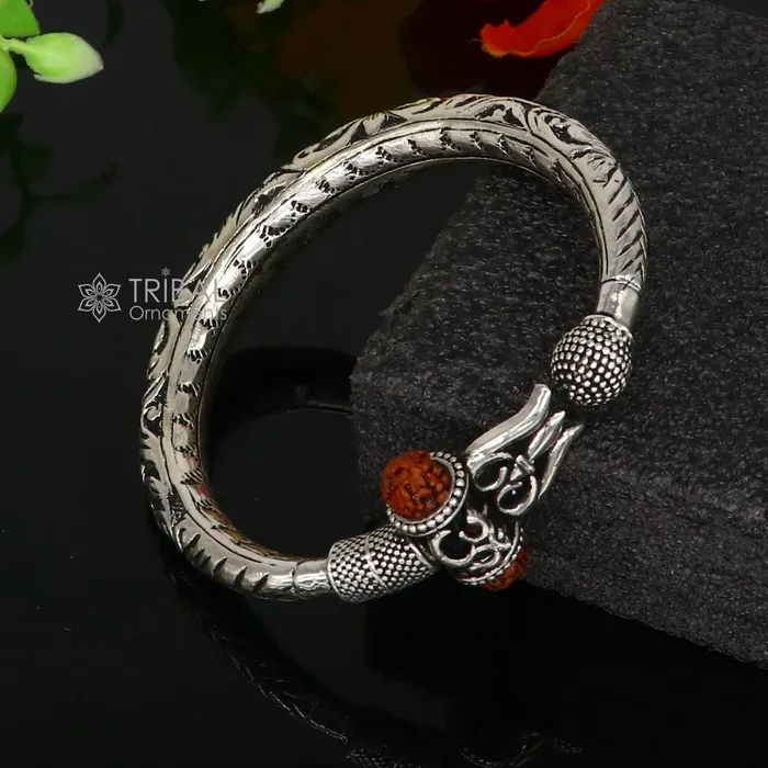 TRIBAL ORNAMENTS Bracelets 925 Sterling silver handmade Vintage style chitai work Lord Shiva trident trishul kada bangle bracelet with Rudraksha customized kada nsk761