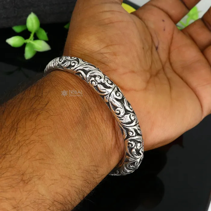 TRIBAL ORNAMENTS Bracelets 925 Sterling silver handmade Vintage style chitai work Lord Shiva trident trishul kada bangle bracelet with Rudraksha customized kada nsk761