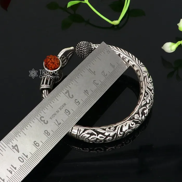 TRIBAL ORNAMENTS Bracelets 925 Sterling silver handmade Vintage style chitai work Lord Shiva trident trishul kada bangle bracelet with Rudraksha customized kada nsk761