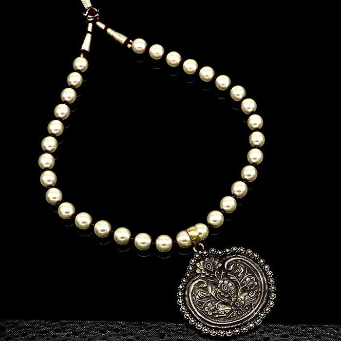 TRIBAL ORNAMENTS Necklaces 925 sterling silver handmade beautiful floral design pendant with gorgeous 8mm pearl tribal necklace wedding stylish brides gift set201