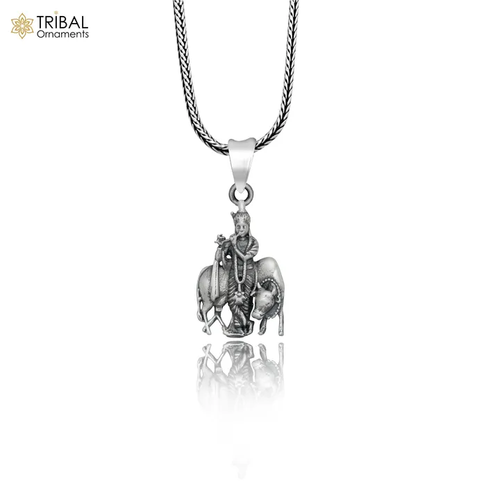 TRIBAL ORNAMENTS Necklaces 925 sterling silver lord Krishna with cow Pendant with chain tribal jewellery nsp1033 TRIBAL ORNAMENTS Necklaces 925 sterling silver lord Krishna with cow Pendant with chain tribal jewellery nsp1033