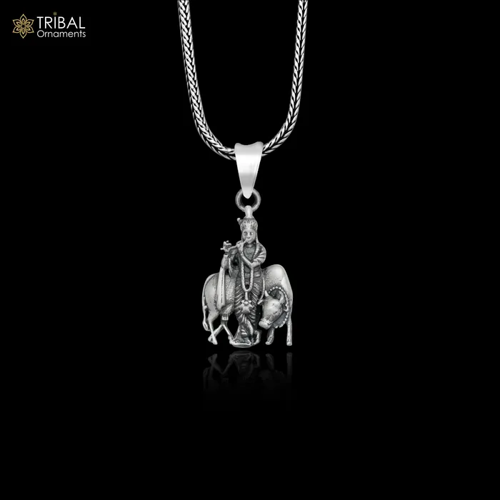 TRIBAL ORNAMENTS Necklaces 925 sterling silver lord Krishna with cow Pendant with chain tribal jewellery nsp1033 TRIBAL ORNAMENTS Necklaces 925 sterling silver lord Krishna with cow Pendant with chain tribal jewellery nsp1033