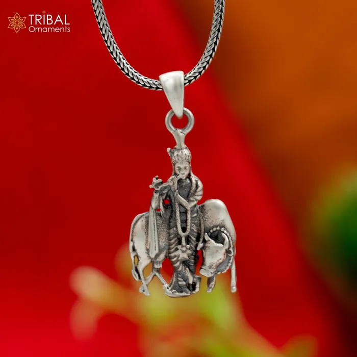 TRIBAL ORNAMENTS Necklaces 925 sterling silver lord Krishna with cow Pendant with chain tribal jewellery nsp1033 TRIBAL ORNAMENTS Necklaces 925 sterling silver lord Krishna with cow Pendant with chain tribal jewellery nsp1033