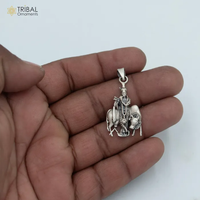 TRIBAL ORNAMENTS Necklaces 925 sterling silver lord Krishna with cow Pendant with chain tribal jewellery nsp1033 TRIBAL ORNAMENTS Necklaces 925 sterling silver lord Krishna with cow Pendant with chain tribal jewellery nsp1033