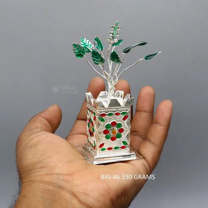 TRIBAL ORNAMENTS Rings 925 sterling silver handmade mini tulsi plant basil rosary plant for puja temple article excellent silver utensilS article su1216 TRIBAL ORNAMENTS Rings 925 sterling silver handmade mini tulsi plant basil rosary plant for puja temple article excellent silver utensilS article su1216