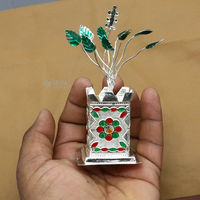 TRIBAL ORNAMENTS Rings 925 sterling silver handmade mini tulsi plant basil rosary plant for puja temple article excellent silver utensilS article su1216 TRIBAL ORNAMENTS Rings 925 sterling silver handmade mini tulsi plant basil rosary plant for puja temple article excellent silver utensilS article su1216