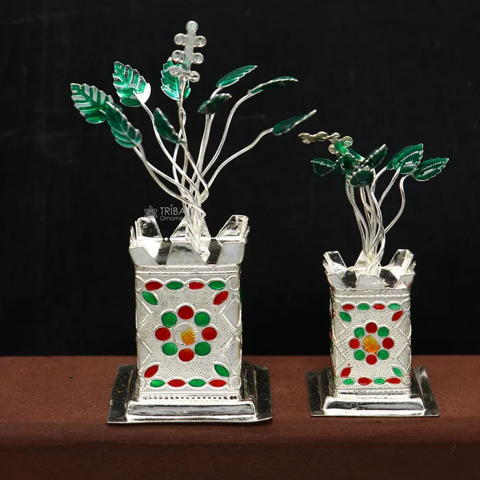 TRIBAL ORNAMENTS Rings 925 sterling silver handmade mini tulsi plant basil rosary plant for puja temple article excellent silver utensilS article su1216 TRIBAL ORNAMENTS Rings 925 sterling silver handmade mini tulsi plant basil rosary plant for puja temple article excellent silver utensilS article su1216