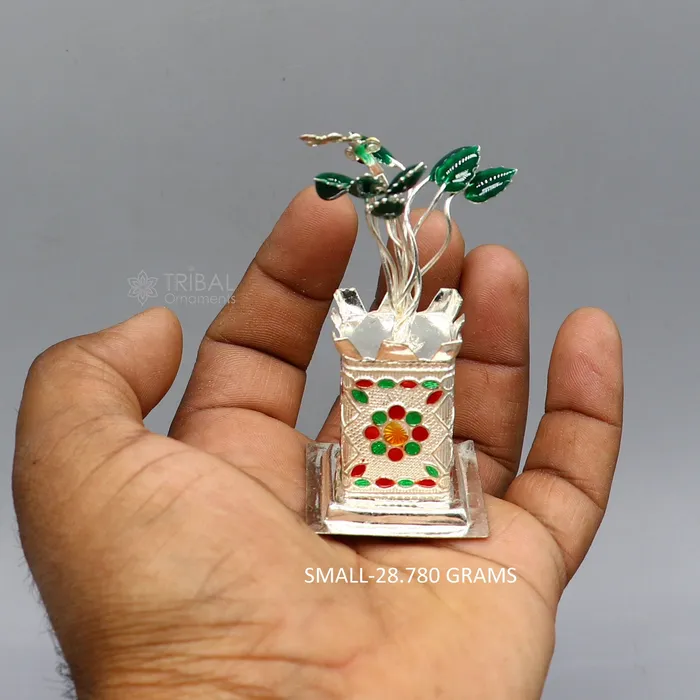 TRIBAL ORNAMENTS Rings 925 sterling silver handmade mini tulsi plant basil rosary plant for puja temple article excellent silver utensilS article su1216 TRIBAL ORNAMENTS Rings 925 sterling silver handmade mini tulsi plant basil rosary plant for puja temple article excellent silver utensilS article su1216