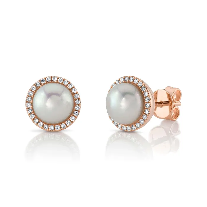 14K Rose Gold Cultured Pearl Stud Earrings with Diamond Halo Meierotto Jewelers Earrings 14K Rose Gold Cultured Pearl Stud Earrings with Diamond Halo Meierotto Jewelers Earrings