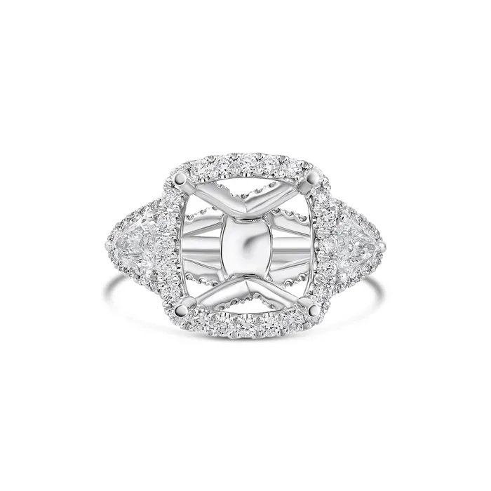 18K White Gold Semi Mount Diamond Ring with Cushion Halo and Kite Diamond Sides Engagement Collections Rings 18K White Gold Semi Mount Diamond Ring with Cushion Halo and Kite Diamond Sides Engagement Collections Rings
