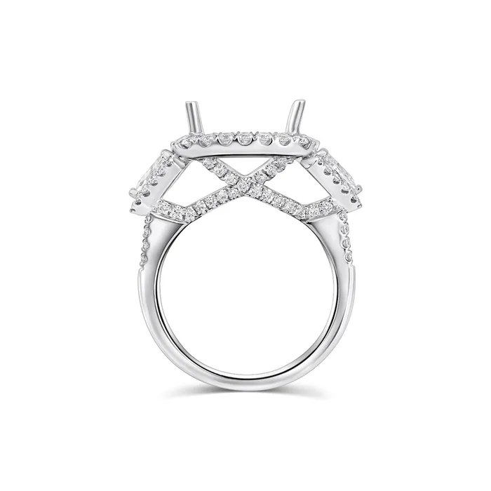 18K White Gold Semi Mount Diamond Ring with Cushion Halo and Kite Diamond Sides Engagement Collections Rings 18K White Gold Semi Mount Diamond Ring with Cushion Halo and Kite Diamond Sides Engagement Collections Rings