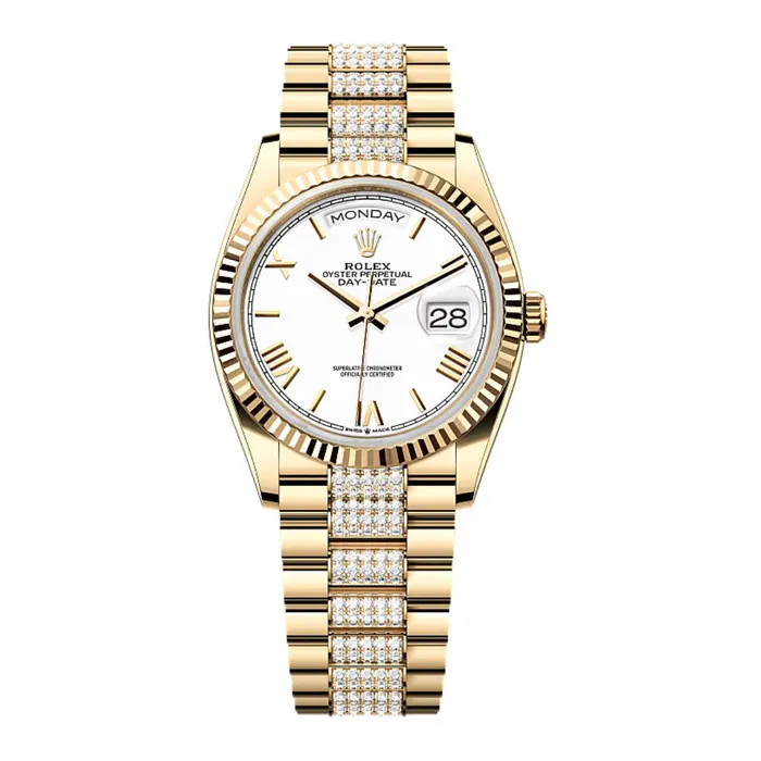 2024 Release Rolex DayDate 36 mm 18k yellow gold President Diamond bracelet White dial Fluted bezel Mens Watch 128238 Rolex Bracelets 2024 Release Rolex DayDate 36 mm 18k yellow gold President Diamond bracelet White dial Fluted bezel Mens Watch 128238 Rolex Bracelets