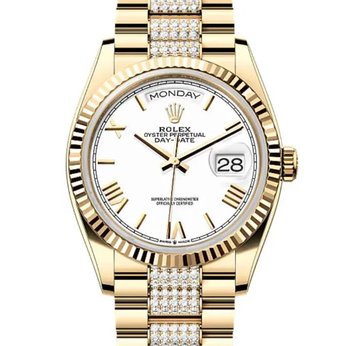 2024 Release Rolex DayDate 36 mm 18k yellow gold President Diamond bracelet White dial Fluted bezel Mens Watch 128238 Rolex Bracelets