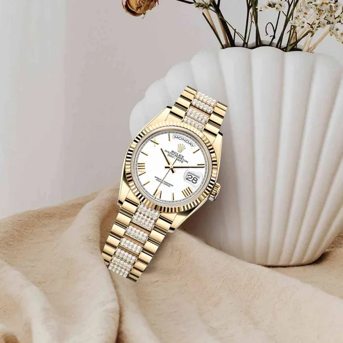 2024 Release Rolex DayDate 36 mm 18k yellow gold President Diamond bracelet White dial Fluted bezel Mens Watch 128238 Rolex Bracelets