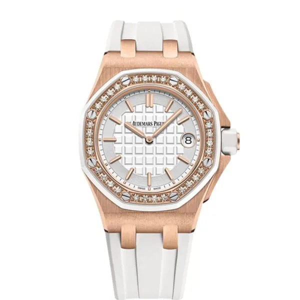 Audemars Piguet Royal Oak Offshore 37mm Watch Ref 67540OKZZA010CA01 Silver Dial Diamond Bezel in 18K Rose Gold Case White Rubber Strap Audemars Piguet Earrings Audemars Piguet Royal Oak Offshore 37mm Watch Ref 67540OKZZA010CA01 Silver Dial Diamond Bezel in 18K Rose Gold Case White Rubber Strap Audemars Piguet Earrings