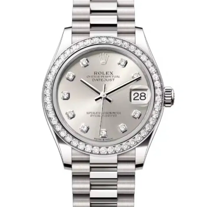 Bracelets Rolex Rolex Datejust 31mm Ref 278289rbr0021 Silver Diamond Dial Diamond Bezel 18K White Gold President Bracelet Womens Watch