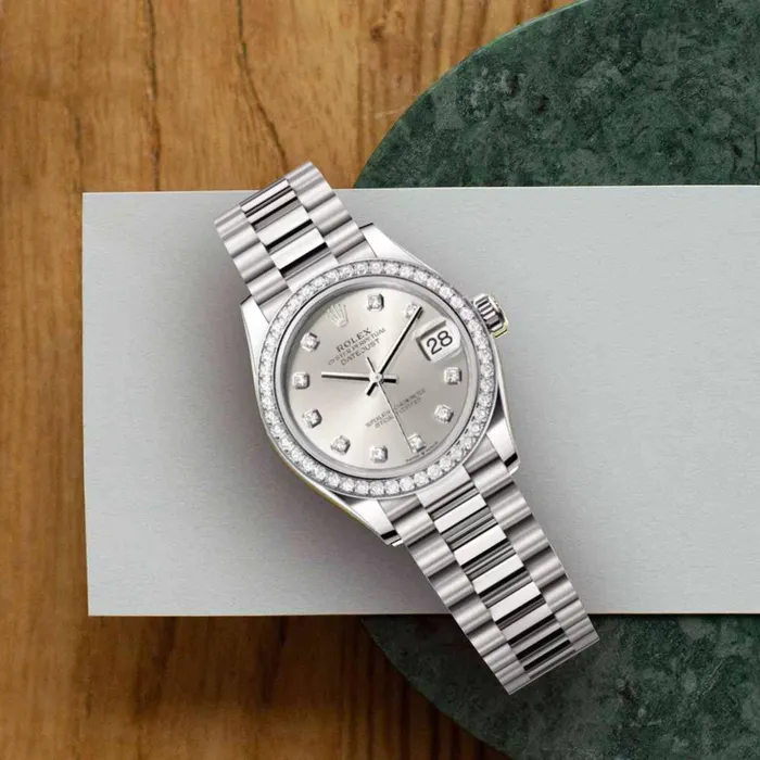 Bracelets Rolex Rolex Datejust 31mm Ref 278289rbr0021 Silver Diamond Dial Diamond Bezel 18K White Gold President Bracelet Womens Watch
