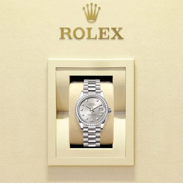 Bracelets Rolex Rolex Datejust 31mm Ref 278289rbr0021 Silver Diamond Dial Diamond Bezel 18K White Gold President Bracelet Womens Watch