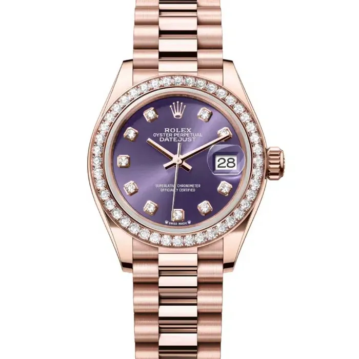 Bracelets Rolex Rolex Lady Datejust 28mm Ref 279135rbr0020 Aubergine Purple Diamond Dial Diamond Bezel 18K Rose Gold President Bracelet Womens Watch