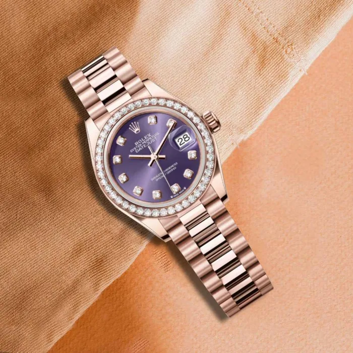 Bracelets Rolex Rolex Lady Datejust 28mm Ref 279135rbr0020 Aubergine Purple Diamond Dial Diamond Bezel 18K Rose Gold President Bracelet Womens Watch