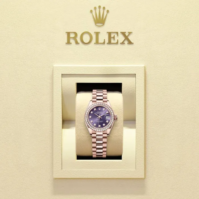 Bracelets Rolex Rolex Lady Datejust 28mm Ref 279135rbr0020 Aubergine Purple Diamond Dial Diamond Bezel 18K Rose Gold President Bracelet Womens Watch