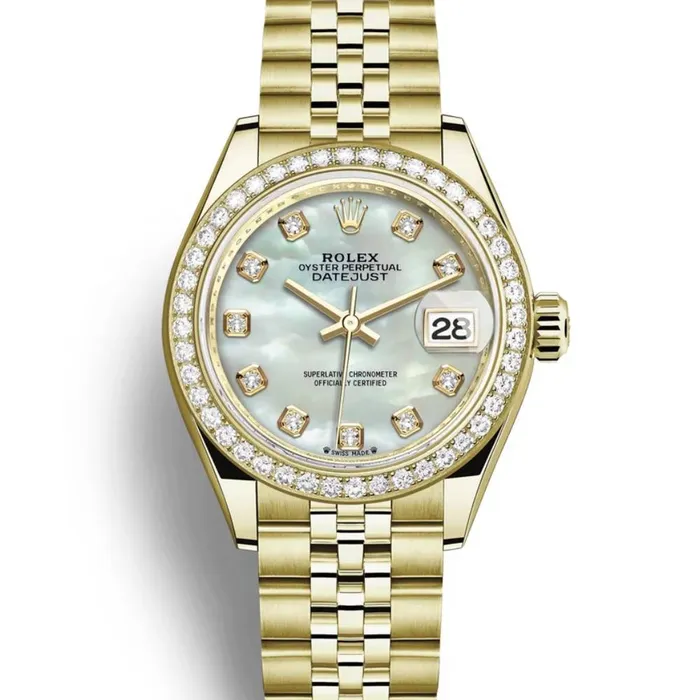 Bracelets Rolex Rolex Lady Datejust 28mm Ref 279138rbr0016 White Mother of Pearl Dial 18K Yellow Gold Jubilee Bracelet Womens Watch