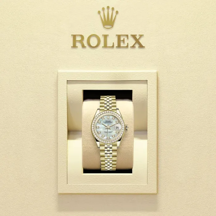 Bracelets Rolex Rolex Lady Datejust 28mm Ref 279138rbr0016 White Mother of Pearl Dial 18K Yellow Gold Jubilee Bracelet Womens Watch