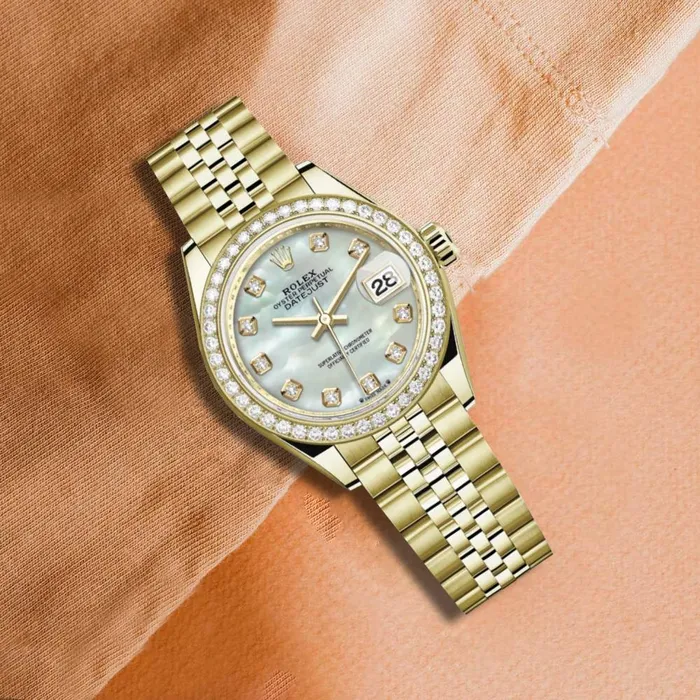 Bracelets Rolex Rolex Lady Datejust 28mm Ref 279138rbr0016 White Mother of Pearl Dial 18K Yellow Gold Jubilee Bracelet Womens Watch