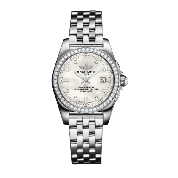 Breitling Galactic 29mm Watch Ref A72348531A1A1 White MOP Diamond Index Dial Diamond Bezel Stainless Steel Bracelet Breitling Bracelets Breitling Galactic 29mm Watch Ref A72348531A1A1 White MOP Diamond Index Dial Diamond Bezel Stainless Steel Bracelet Breitling Bracelets
