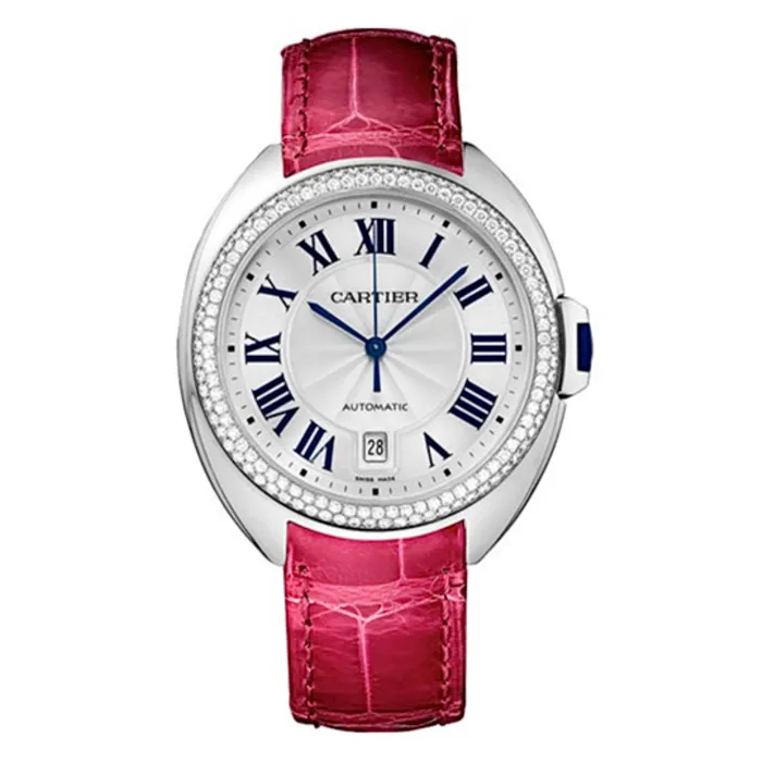 Cartier Cartier Cle de Cartier 40mm Watch Ref WJCL0011 Silver Roman Dial Diamond Bezel in 18K White Gold Case Pink Alligator Strap Earrings Cartier Cartier Cle de Cartier 40mm Watch Ref WJCL0011 Silver Roman Dial Diamond Bezel in 18K White Gold Case Pink Alligator Strap Earrings