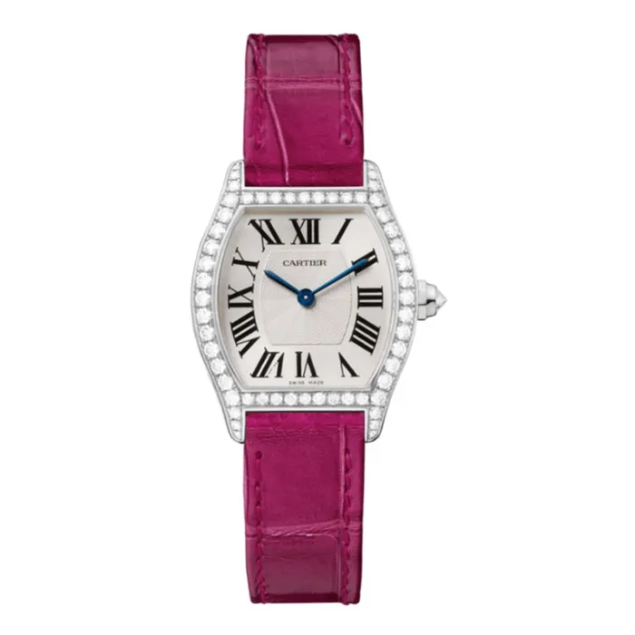 Cartier Cartier Tortue 30mm Womens watch Ref WA501007 White Roman Dial Diamond Bezel in 18K White Gold Case Pink Leather Strap Cartier Watches Cartier Cartier Tortue 30mm Womens watch Ref WA501007 White Roman Dial Diamond Bezel in 18K White Gold Case Pink Leather Strap Cartier Watches