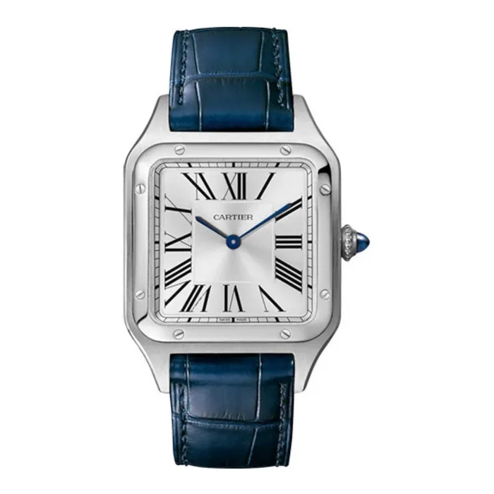 Cartier Santos Dumont 435mm Watch Ref WSSA0022 Silver Roman Dial Blue Leather Strap Cartier Watches Cartier Santos Dumont 435mm Watch Ref WSSA0022 Silver Roman Dial Blue Leather Strap Cartier Watches