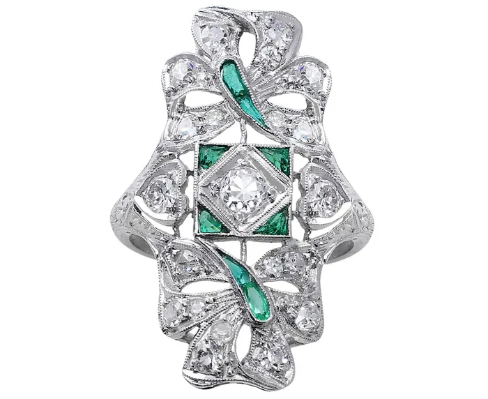 CJ Charles Jewelers Rings Platinum Estate Emerald and Diamond Panel Ring