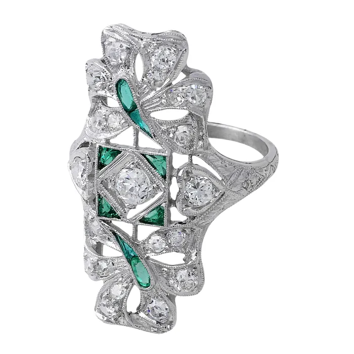 CJ Charles Jewelers Rings Platinum Estate Emerald and Diamond Panel Ring CJ Charles Jewelers Rings Platinum Estate Emerald and Diamond Panel Ring
