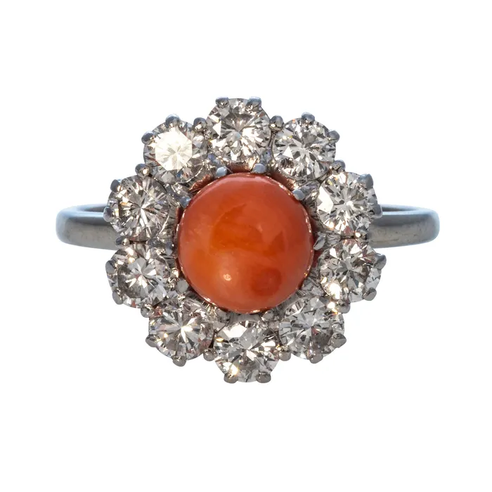 Croghans Rings Estate Round Coral Diamond Platinum 18K Gold Ring