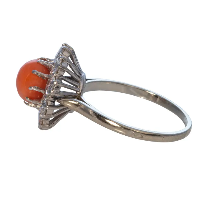 Croghans Rings Estate Round Coral Diamond Platinum 18K Gold Ring