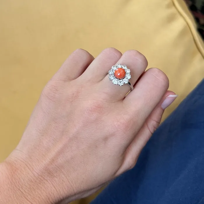 Croghans Rings Estate Round Coral Diamond Platinum 18K Gold Ring