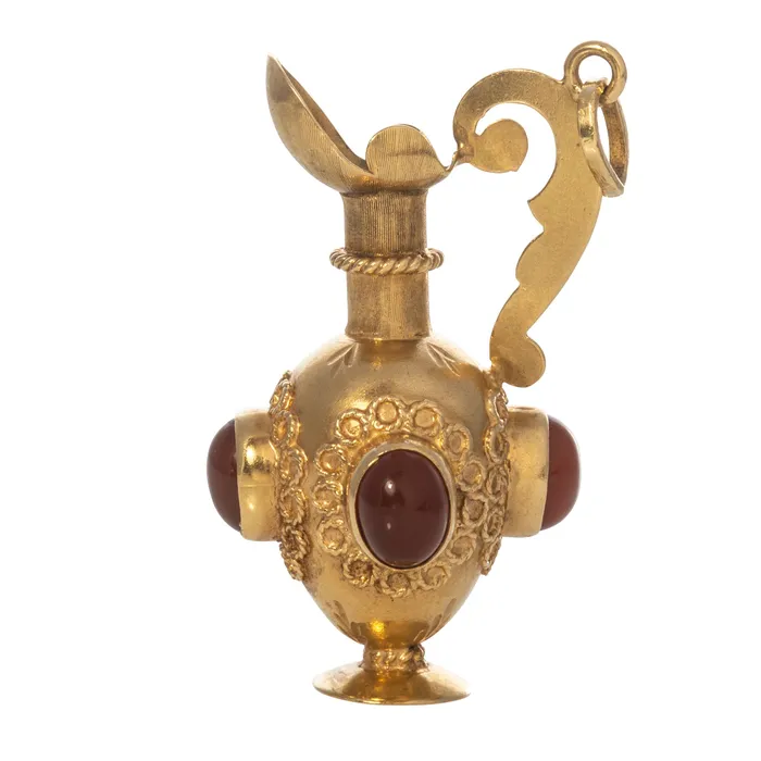 Croghans Vintage Etruscan Revival Cabochon Stone 14K Gold Pitcher Charm Charm Necklaces Croghans Vintage Etruscan Revival Cabochon Stone 14K Gold Pitcher Charm Charm Necklaces