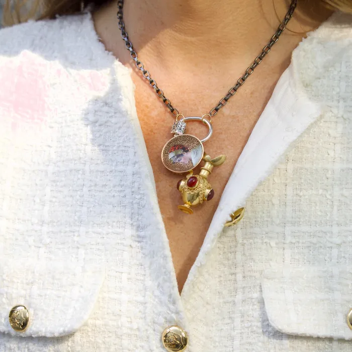 Croghans Vintage Etruscan Revival Cabochon Stone 14K Gold Pitcher Charm Charm Necklaces