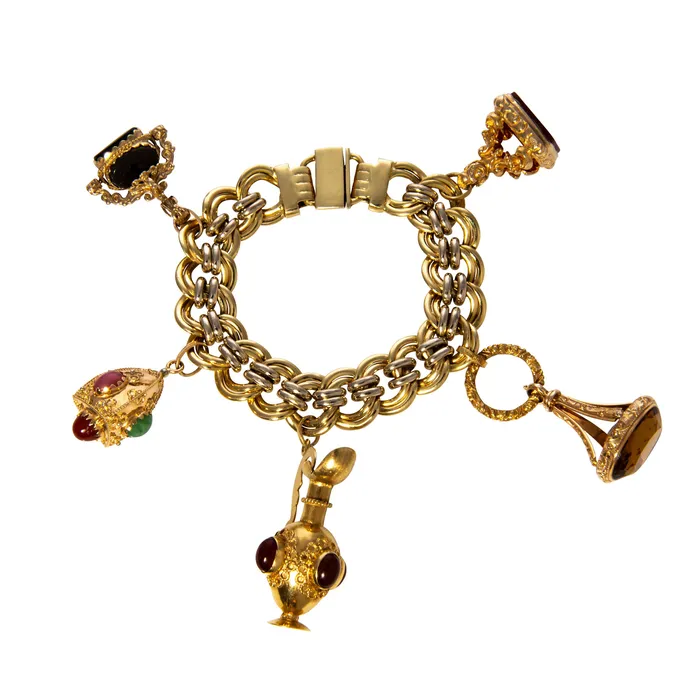 Croghans Vintage Etruscan Revival Cabochon Stone 14K Gold Pitcher Charm Charm Necklaces
