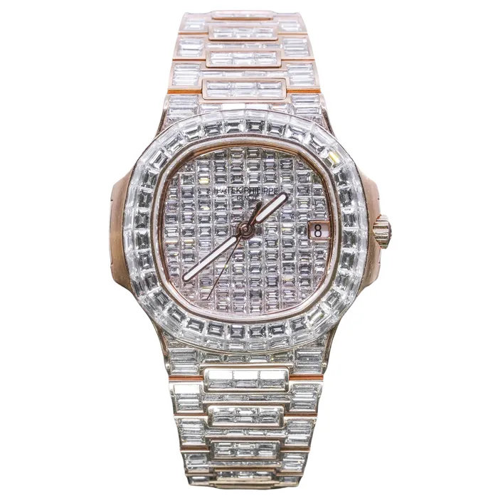 Custom Iced Out Patek Philippe Nautilus 40mm Watch Ref 5711 Invisible Setting Diamond Dial 18K Rose Gold Diamond Bracelet Patek Philippe Bracelets Custom Iced Out Patek Philippe Nautilus 40mm Watch Ref 5711 Invisible Setting Diamond Dial 18K Rose Gold Diamond Bracelet Patek Philippe Bracelets
