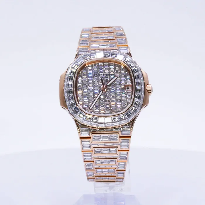 Custom Iced Out Patek Philippe Nautilus 40mm Watch Ref 5711 Invisible Setting Diamond Dial 18K Rose Gold Diamond Bracelet Patek Philippe Bracelets