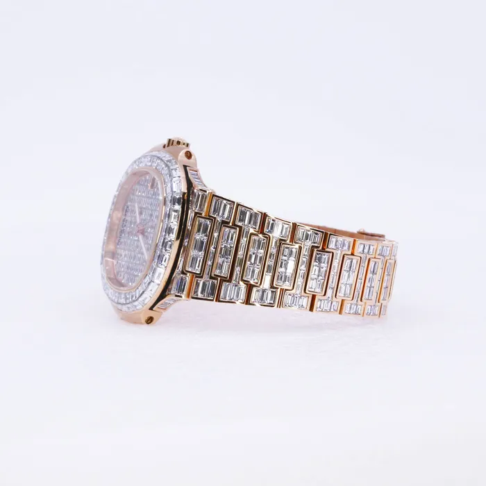 Custom Iced Out Patek Philippe Nautilus 40mm Watch Ref 5711 Invisible Setting Diamond Dial 18K Rose Gold Diamond Bracelet Patek Philippe Bracelets