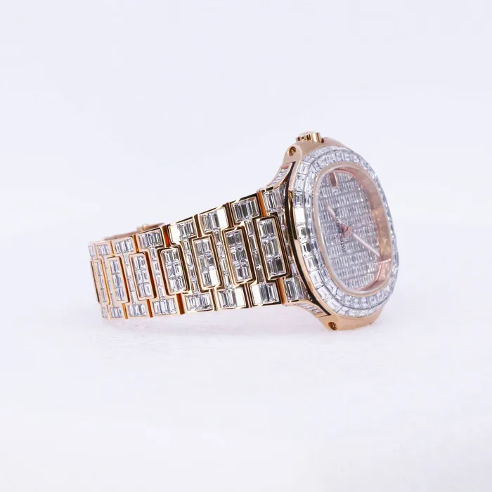 Custom Iced Out Patek Philippe Nautilus 40mm Watch Ref 5711 Invisible Setting Diamond Dial 18K Rose Gold Diamond Bracelet Patek Philippe Bracelets