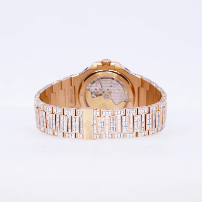 Custom Iced Out Patek Philippe Nautilus 40mm Watch Ref 5711 Invisible Setting Diamond Dial 18K Rose Gold Diamond Bracelet Patek Philippe Bracelets